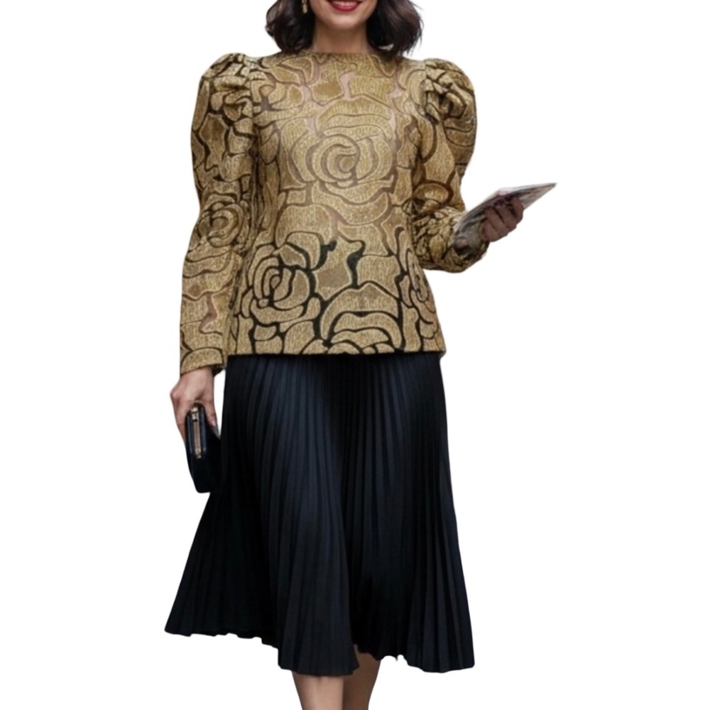 #A041- N BY NANCY Romantic  Gold Floral  Mesh Top with Puff Sleeves NWT  XL